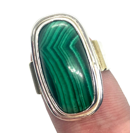 Vintage Natural Forest Green Malachite Sterling silver ring!!