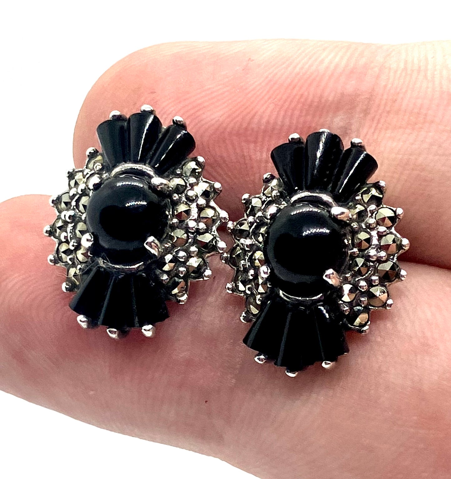 Vintage Designer Natural Black Onyx Sterling Silver Earrings!!!