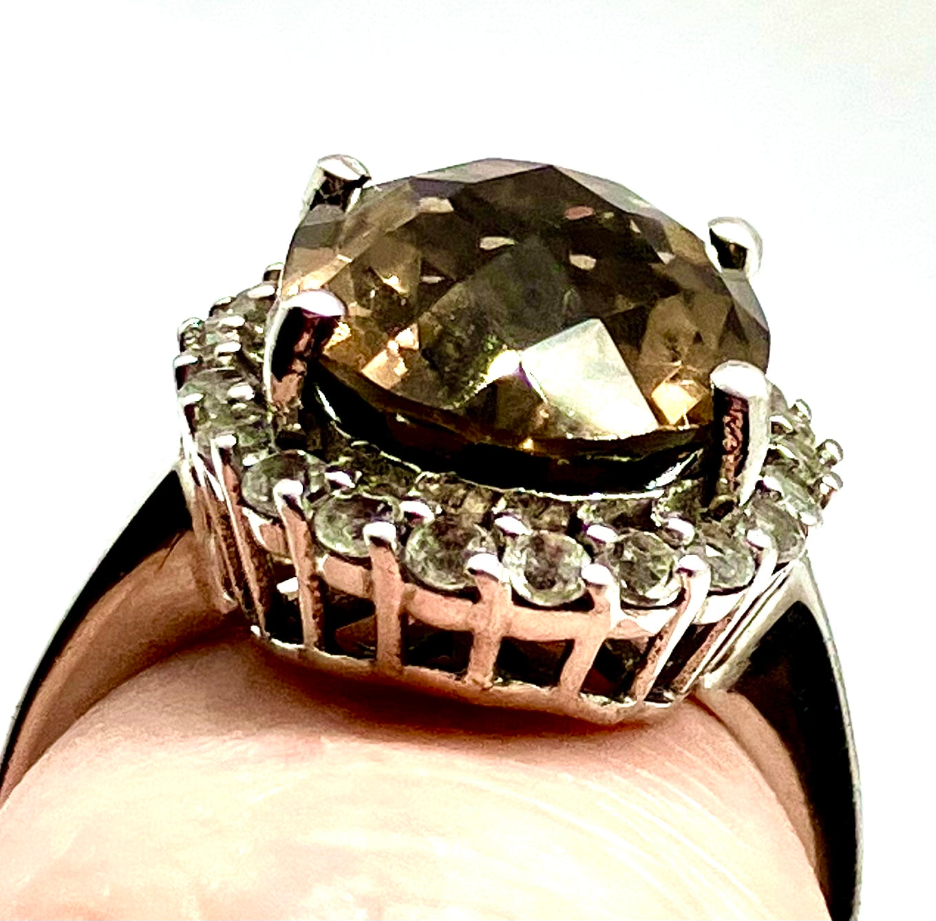 Vintage Natural Smokey Quartz and white sapphire Sterling silver Halo Ring!